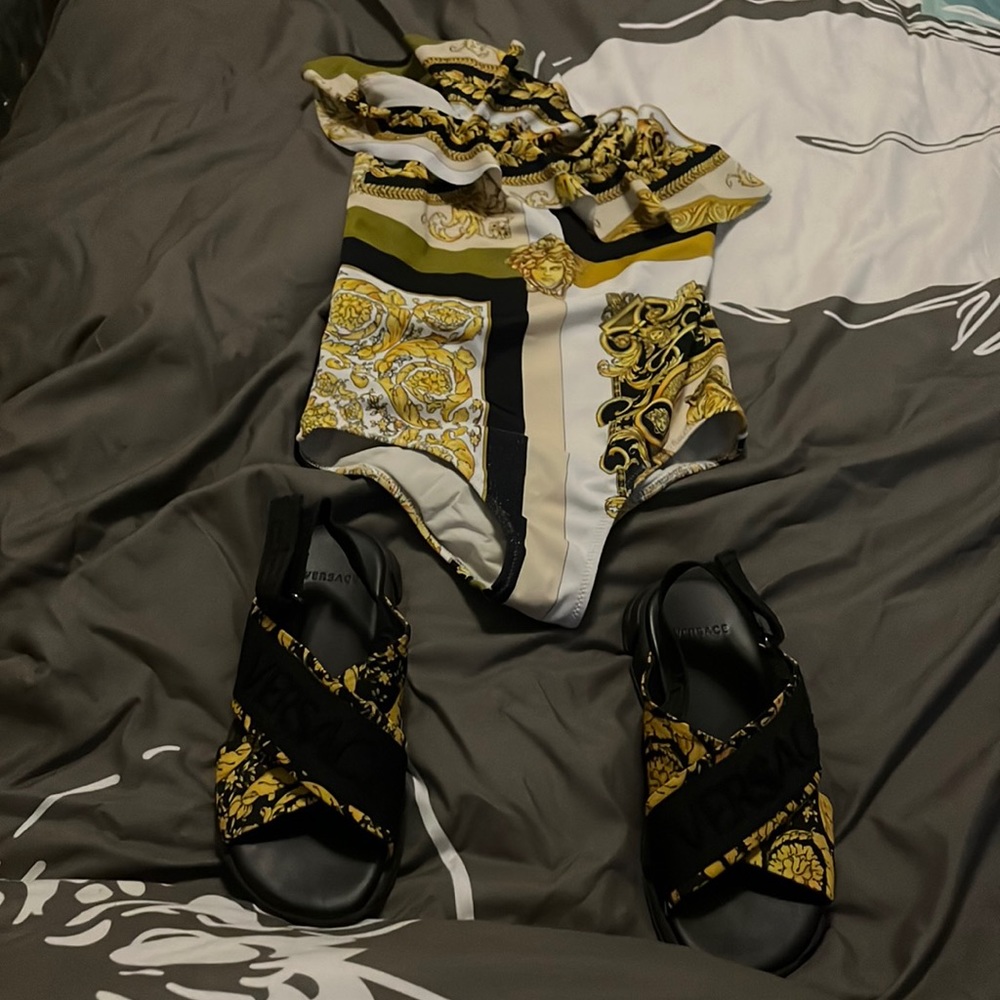 Kids versace swimsuit size 6 sandals size 32